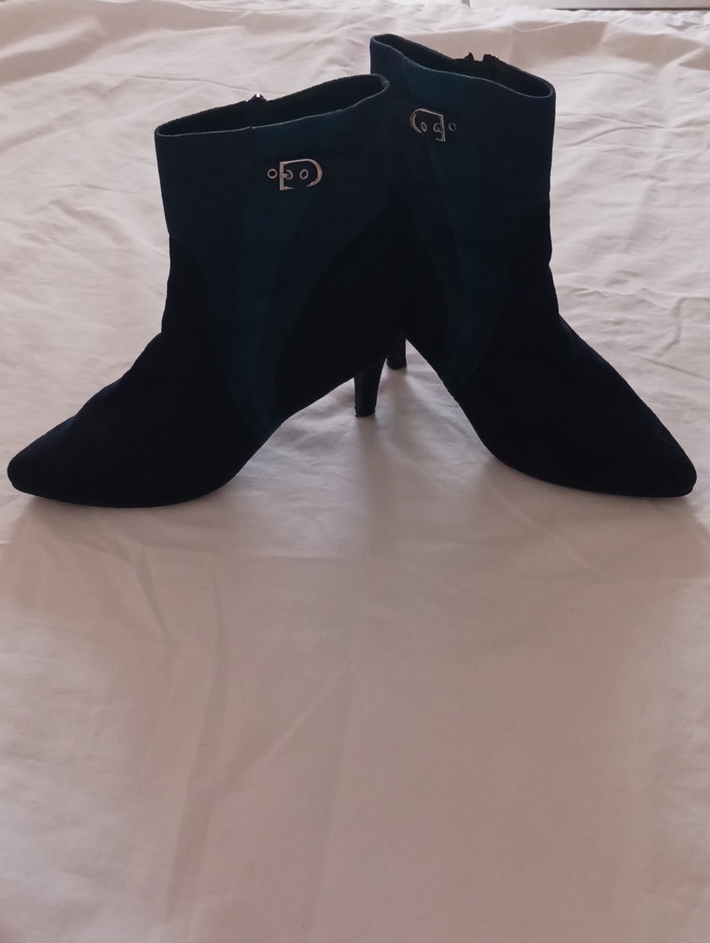 Nannette Navy Blue Suede Pointed Toe Ankle Booties with Side Buckle